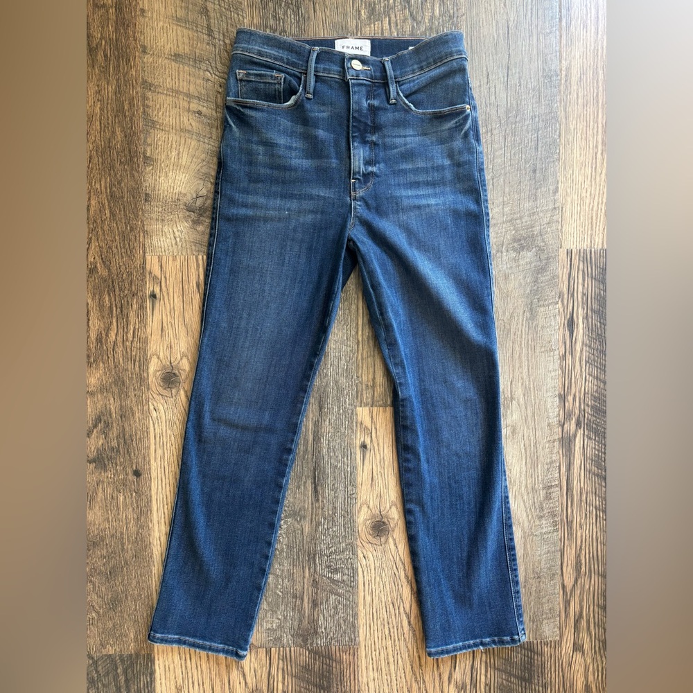 FRAME Le Sylvie Slender Straight Medium Wash Crop Raw Hem Jeans 27 Stretch Denim